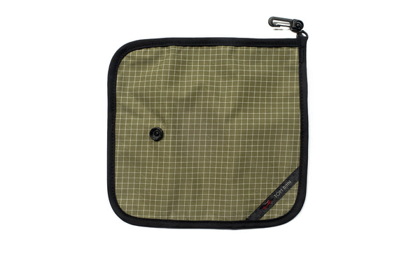 The back of a Tool Pen Wrap in Taiga (olive green with white grid) 200 Halcyon.